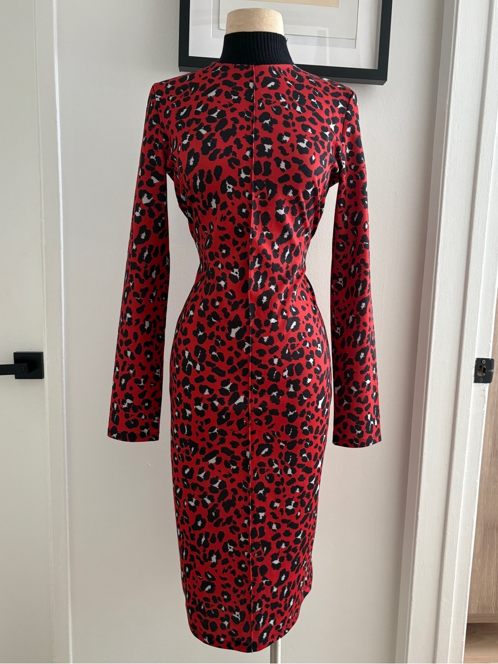 Zara Red and Black Leopard-Print Long Sleeve Sheath Dress